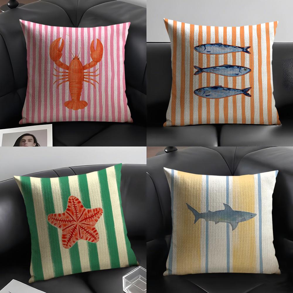 Pillow Cover 20X20 - Okyanus Yaşamı Temalı Çizgili Minder Örtüsü