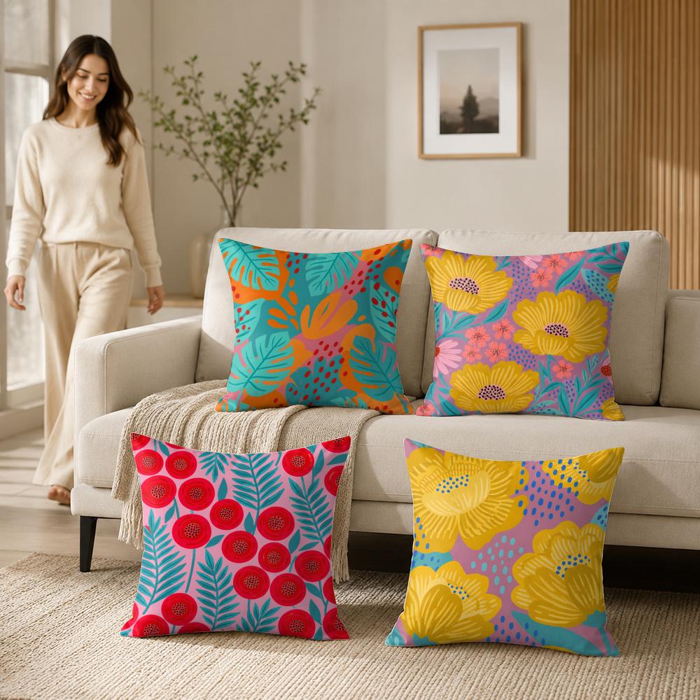 Pillow Cover 20X20 - Çiçekli Canlı Botanik Yastık Örtüsü Yumuşak